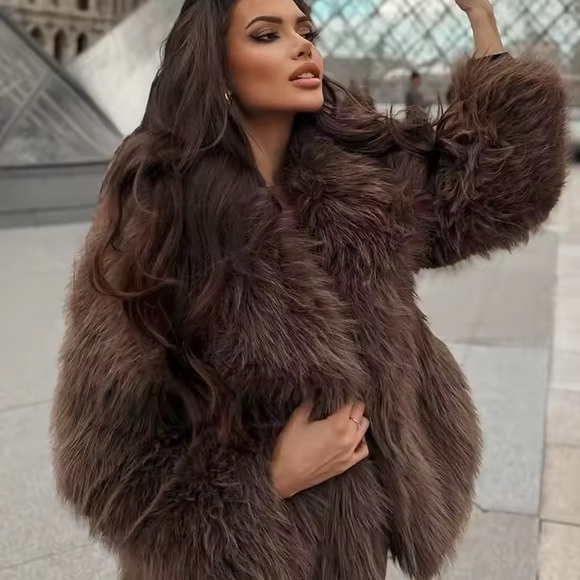 Luxurious Brown Faux Fur Coat jacket